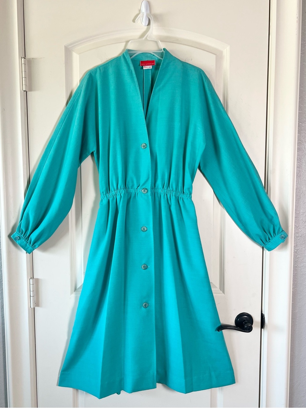 Vintage Halston III Teal Button Front Midi Dress Elastic Waist 10